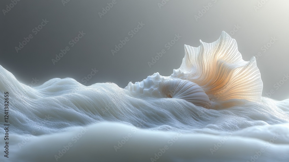 Fototapete Serene Seascape: An Abstract 3D Render of a Dreamlike, Textured, Sculpted Seashell Resting on a Wave of Soft, Flowing Fabric, Illuminated by Gentle Light