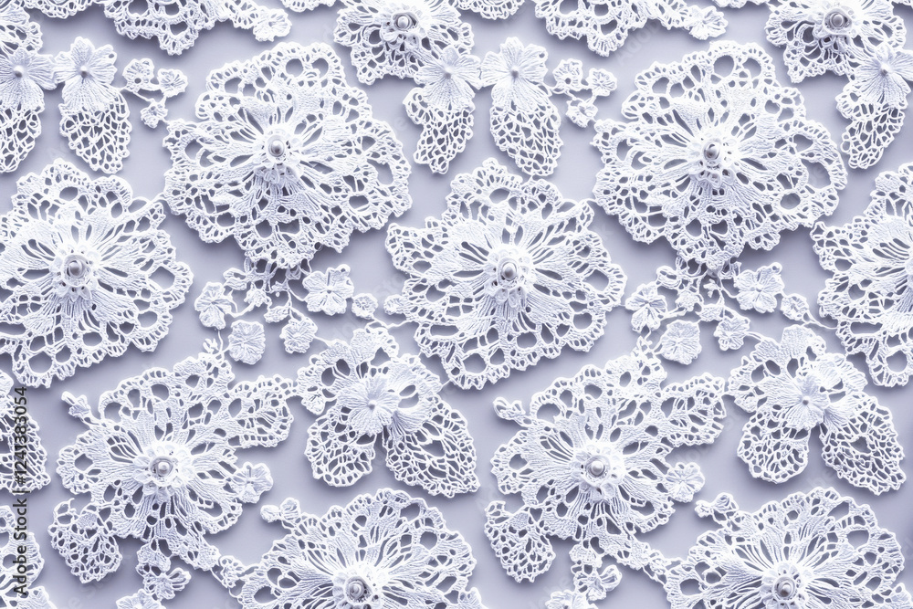 Poster seamless pattern of intricate white lace on a soft gray background, offering a delicate and elegant 