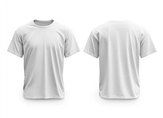 White T-shirt template, front and back view, isolated on a white background. Mockup for design print presentation, mock-up, stock photo.