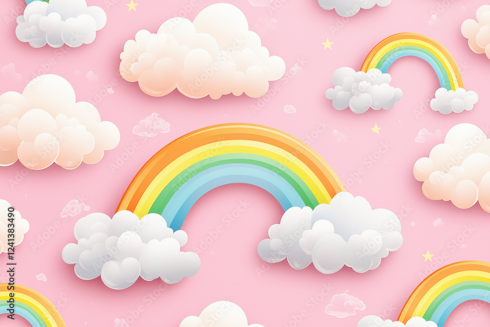 Aufkleber seamless pattern of playful rainbows and fluffy clouds on soft pastel pink background for whimsical 