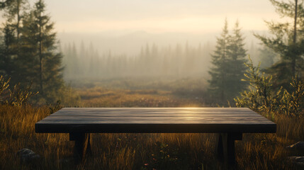 Obraz premium Russian sunset forest landscape with a table in minimalist aesthetic. The background should be a russian landscape, 
