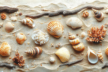 Natural seamless pattern featuring seashells and coral pieces on a sandy textured background in calming earthy tones