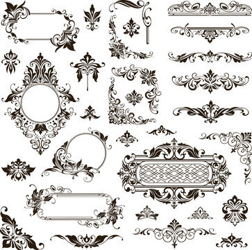 Vintage design lace borders monogram logo and corners, dividers Vector set art deco floral ornaments elements