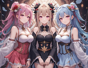 Stunning Anime Girls in Elegant Dresses Artwork