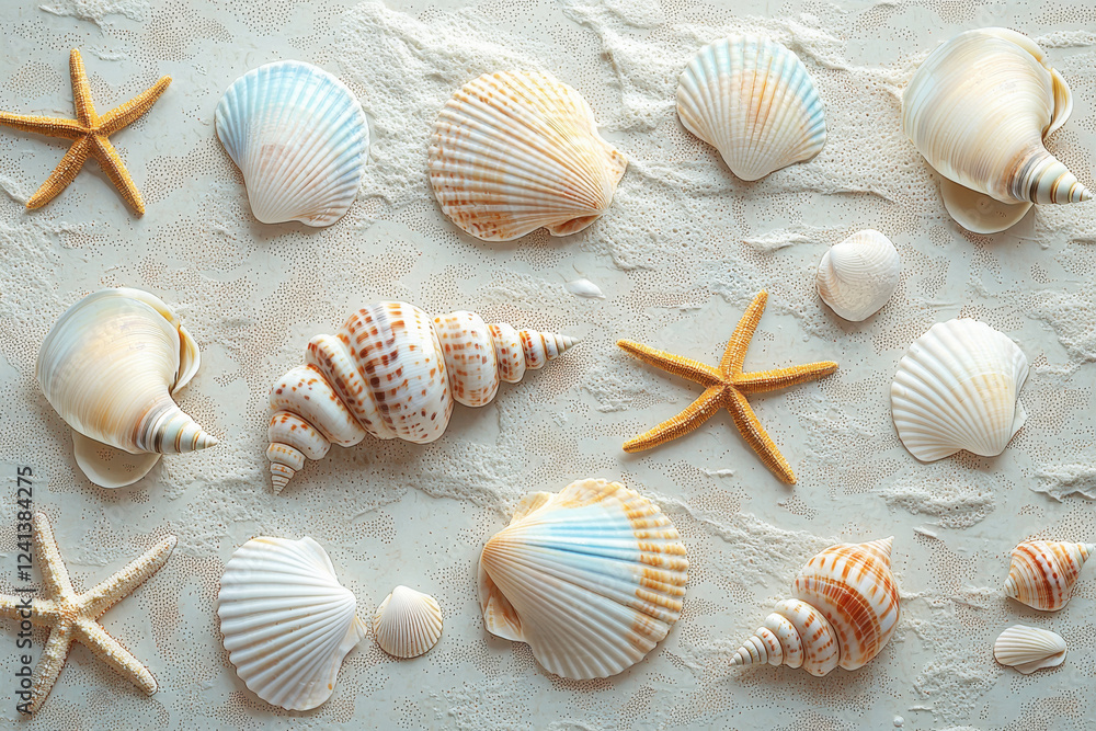 Poster Seamless pattern of seashells and starfish in soft pastel colors on a sandy background creating a calming beach vibe