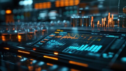 A medium closeup of a digital control panel displaying realtime data and analytics from a gene therapy manufacturing process with glowing graphs and metrics indicating progress surrounded