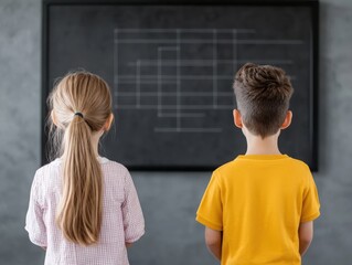 Two children observe a blackboard, engaging in a creative learning experience, fostering growth and curiosity.