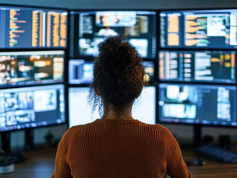 Data analysis performance office digital media tech environment back view