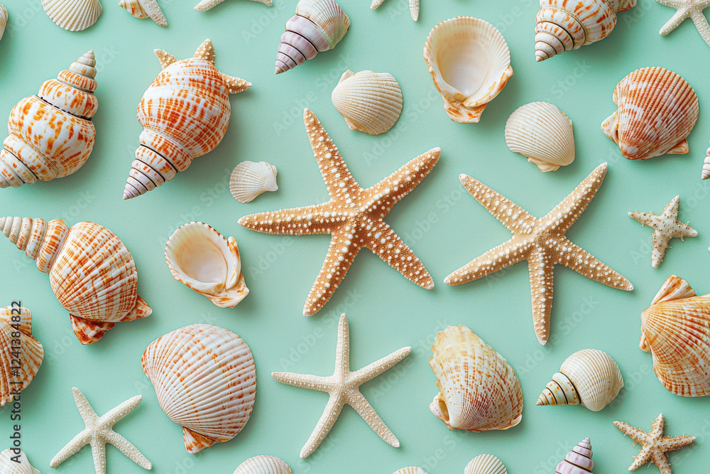 Poster seamless pattern of starfish and seashells in soft sandy tones on light aqua background for a beachy
