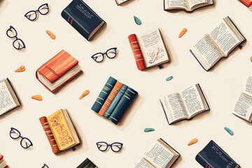 Seamless pattern of cozy books and reading glasses on light beige background creates a whimsical literary atmosphere