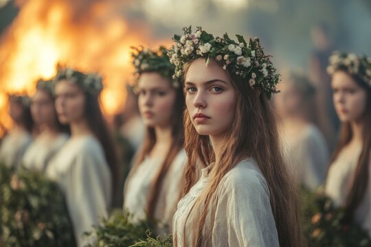 Group of young women wearing flower crowns and holding plants participating in a midsummer celebration with a bonfire in the background