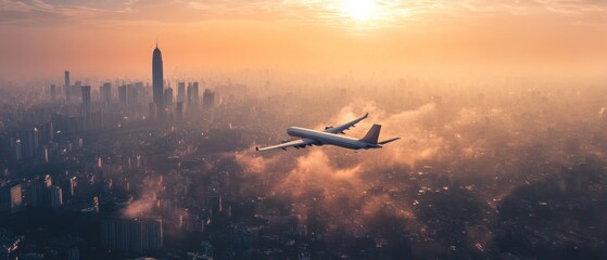 Naklejka premium Sunset Flight Over a sprawling Metropolis