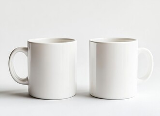 Obraz premium 2 white coffee mugs mockup, plain background, front view, no text or design on the mugs, high resolution, professional photograph, studio lighting, sharp focus, highly detailed.