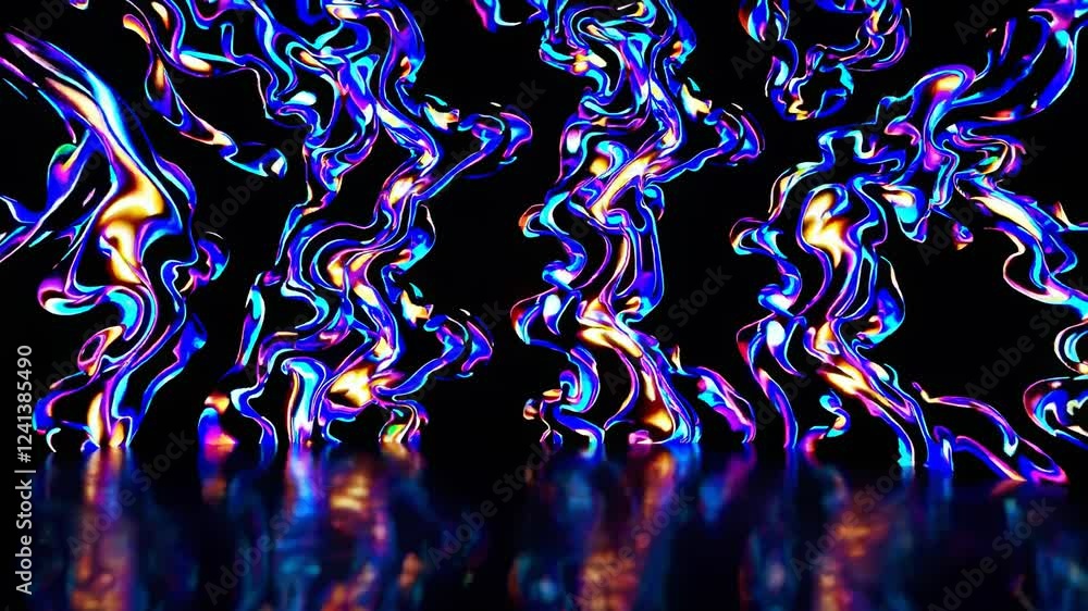 Poster colorful wavy patterns reflecting on a glossy black surface, creating an abstract and vibrant visual