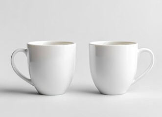 Obraz premium 2 white coffee mugs mockup, plain background, front view, no text or design on the mugs, high resolution, professional photograph, studio lighting, sharp focus, highly detailed.