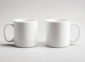 Obraz premium 2 white coffee mugs mockup, plain background, front view, no text or design on the mugs, high resolution, professional photograph, studio lighting, sharp focus, highly detailed.