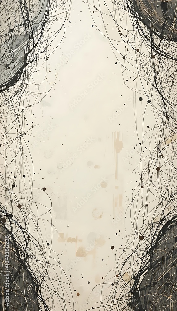 Poster abstract art featuring intricate black lines and splashes