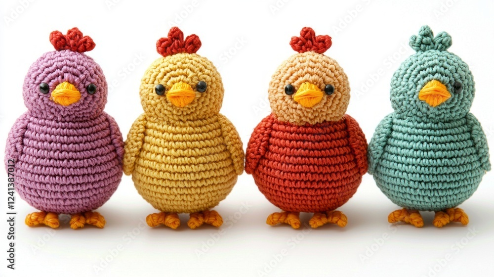Poster four adorable crocheted birds in vibrant colors stand side by side, each with unique features and ex