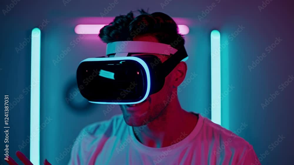 Poster young man interacting with virtual reality using a vr headset and gesturing with his hands in a room