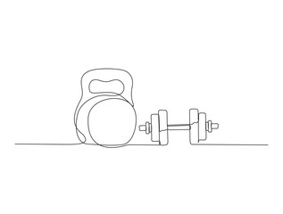 Continuous one line drawing of dumbbell fitness and gym equipment. Kettlebell and dumbbell  in single line draw illustration. Editable stroke.