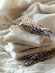 Neatly folded linen with dried lavender tied with twine, creating a calming and rustic aesthetic