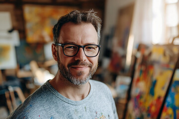 Generative AI depiction of a focused artist painting a vibrant canvas in a creative studio