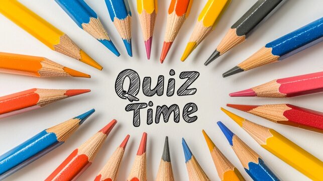 A vibrant arrangement of colored pencils forms a circular pattern around the whimsical text highlighting quiz time. Perfect for inspiring learning and creativity in classrooms or at home