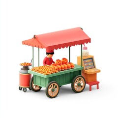 Street food vendor selling treats; cart, snacks, drinks; white background; Asian market illustration
