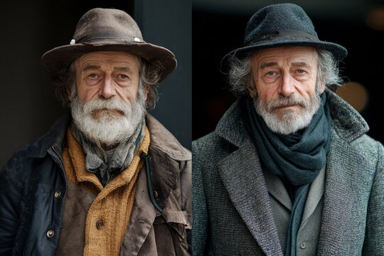 Portrait of a homeless man before and after a makeover, highlighting the transformative power of clothing and grooming