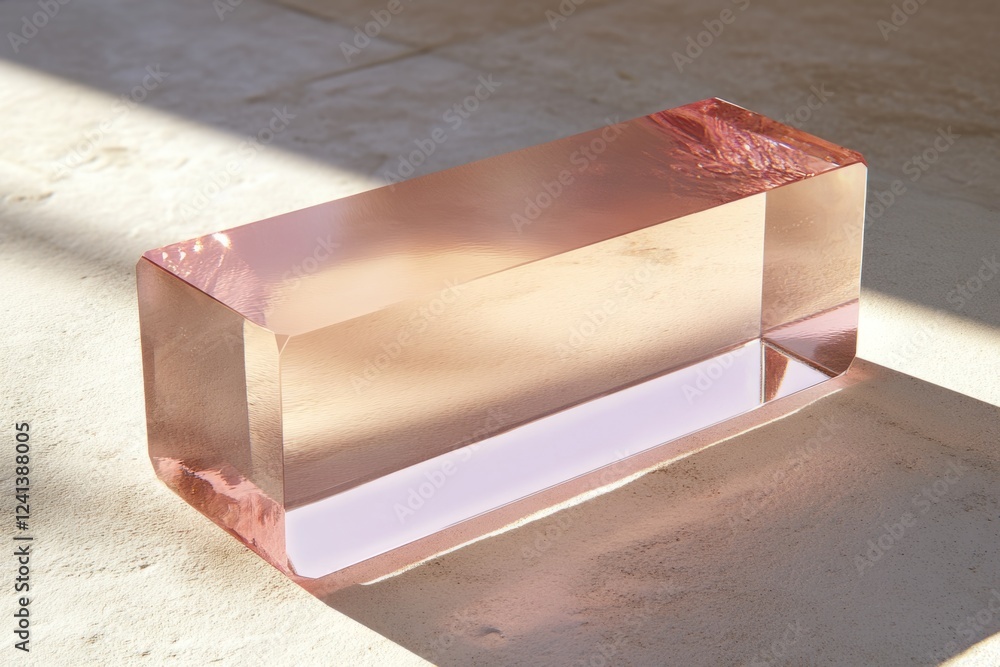 Poster rectangular pink glass block casting shadows on a textured surface