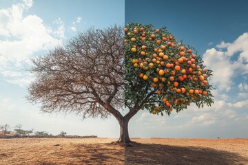 Tree showing stark contrast between barren and fruitful sides