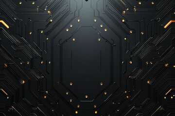 Symmetrical arrangement of metallic dots and lines in a modern circuit board design on a dark gray background