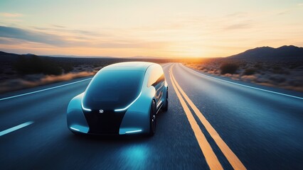 Fototapeta premium A sleek electric car glides down a serene highway surrounded by tall trees. The soft morning light reflects off its smooth surface, showcasing modern design and eco-friendly technology.