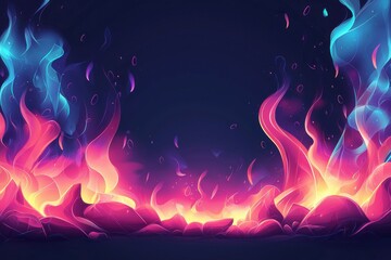 Colorful flames and neon abstract shapes on dark blue background