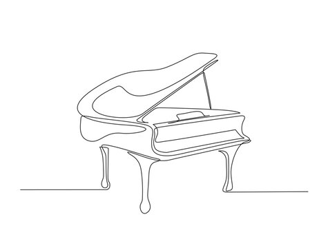 Continuous one line drawing of grand piano - music equipment. Classic grand piano in single line draw illustration. Editable stroke.