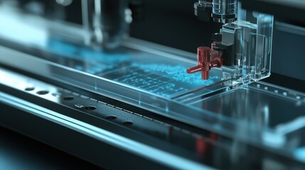 A closeup of a micropump system attached to a chip showing the mechanism responsible for controlling fluid movement emphasizing the technological sophistication required to mimic physiological