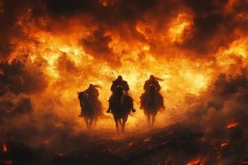 Fototapeta premium Fearsome warriors riding horses under burning sky, charging into epic fantasy battle