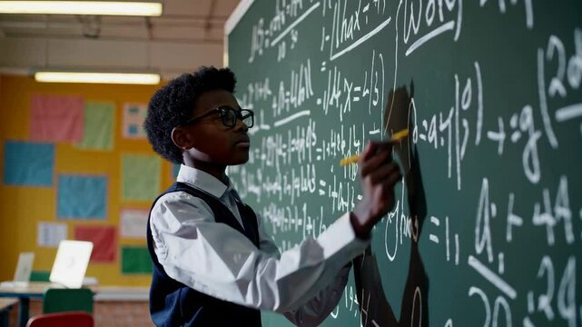 intelligent elementary school kid solving maths problem on chalkboard at classroom, concept of talented, brilliant student and education