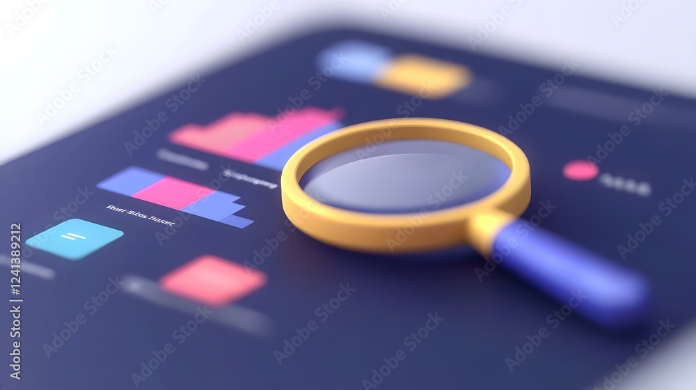 Poster digital interface with magnifying glass,data charts for business analysis and insights,3d