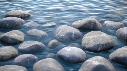 Calm water reflecting smooth, round stones at the riverbed, creating a serene atmosphere.