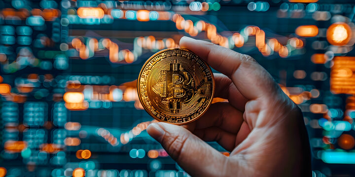 Imagen de una mano a la derecha sosteniendo una criptomoneda y al fondo estad&iacute;sticas desenfocaras