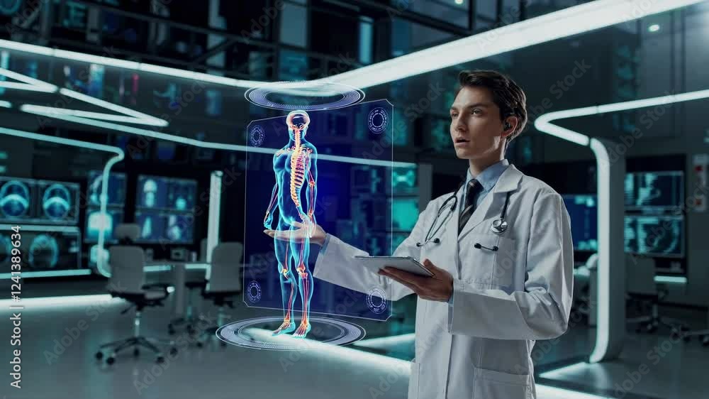 Poster doctor is using a futuristic interface to display a hologram of a human skeleton in a high-tech labo