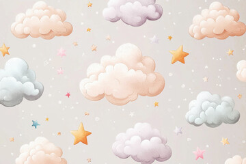 Soft pastel pattern of cotton clouds and stars on a light gray background evoking dreamy and whimsical feelings