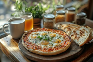 Savory breakfast pizza topped with fried eggs served with flatbread and a mug of coffee