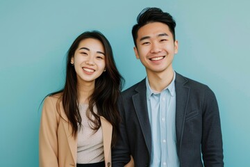 Portrait of a smiling asian couple in their 30s dressed in a stylish blazer in soft blue background