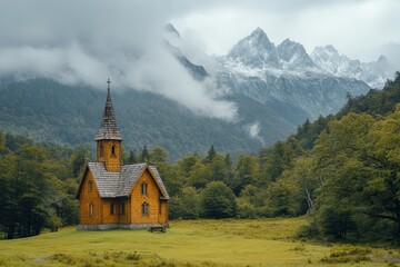 Fototapeta premium Charming chapel surrounded by lush green forest and rolling hills