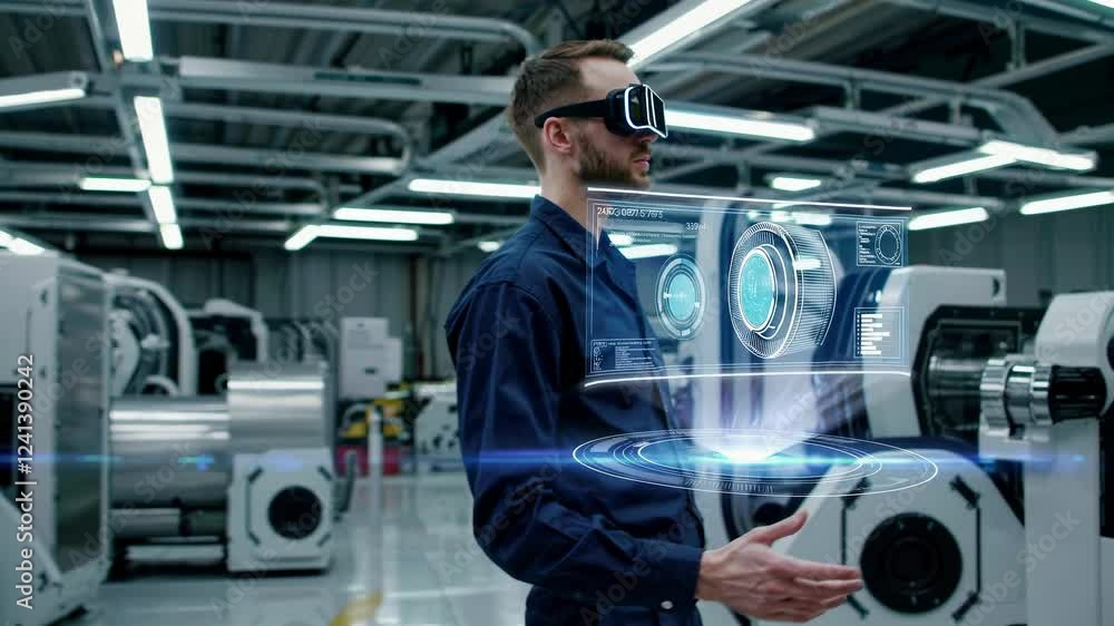 Poster engineer interacts with augmented reality interface, utilizing advanced technology for data visualiz