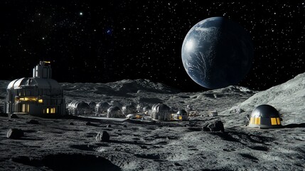Lunar Colony Base Camp: Earthrise Over Futuristic Moon Settlement