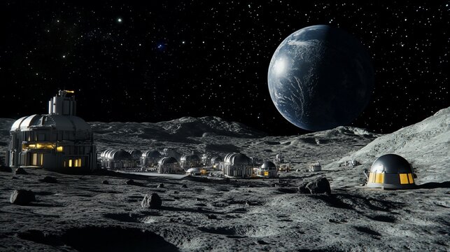 Lunar Colony Base Camp: Earthrise Over Futuristic Moon Settlement