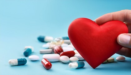 Hand holding red heart shape with pills scattered on background